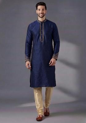 Blue Embroidered Dupion Kurta Pyjama Set For Men