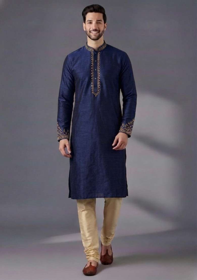 Blue Embroidered Dupion Kurta Pyjama Set For Men - Indya