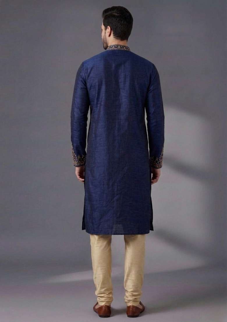 Blue Embroidered Dupion Kurta Pyjama Set For Men - Indya