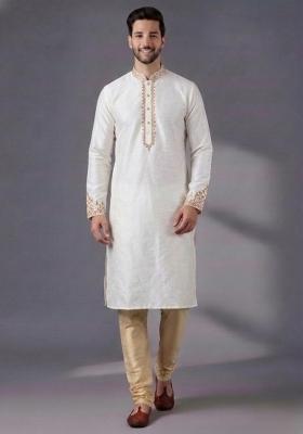 White Embroidered Dupion Kurta Pyjama Set For Men