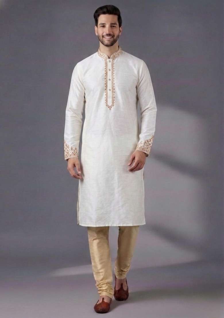 White Embroidered Dupion Kurta Pyjama Set For Men - Indya