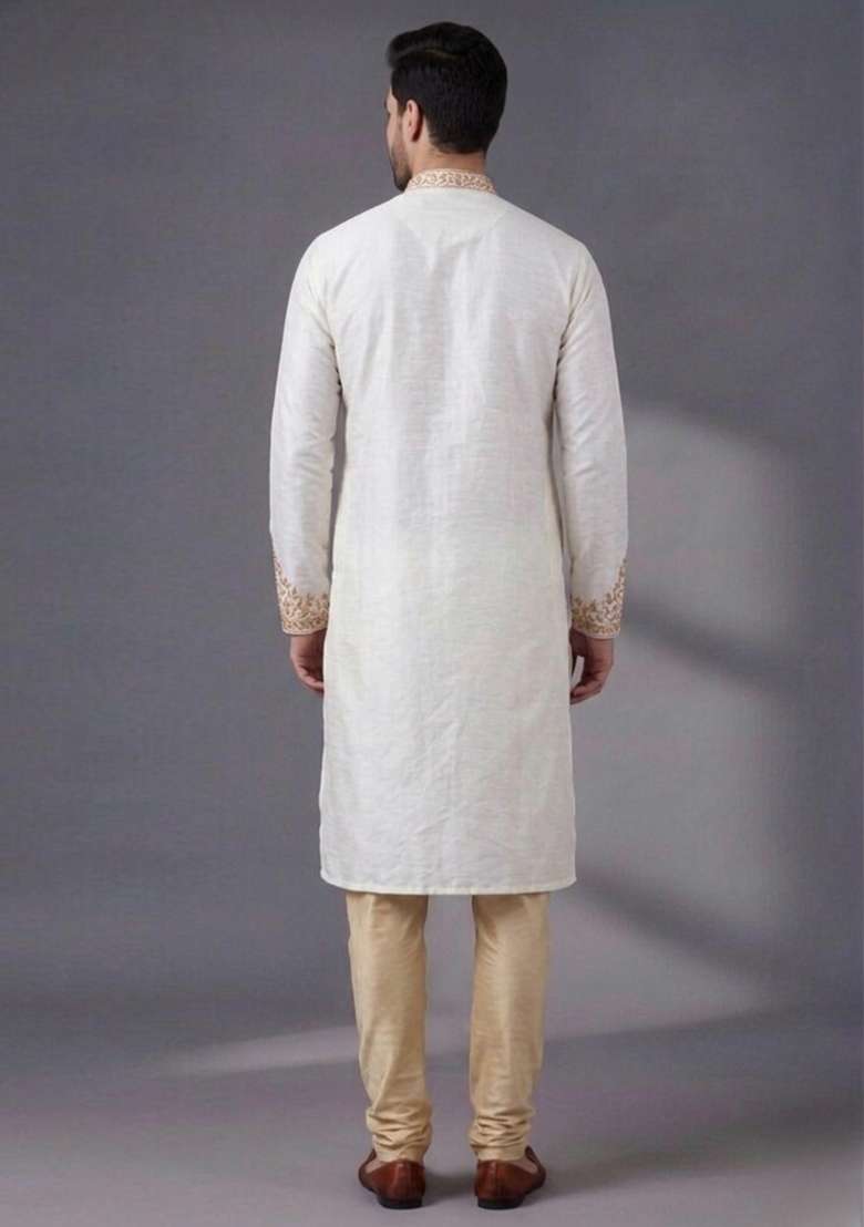 White Embroidered Dupion Kurta Pyjama Set For Men - Indya