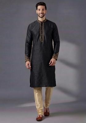 Black Embroidered Dupion Kurta Pyjama Set For Men