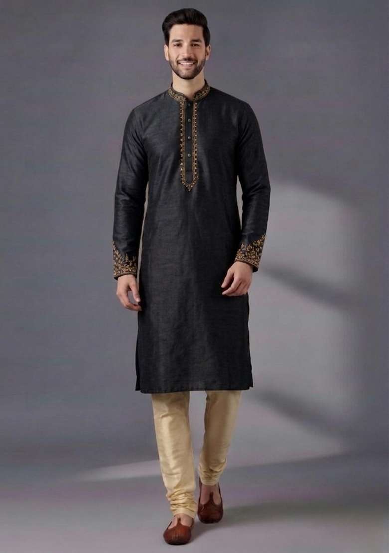 Black Embroidered Dupion Kurta Pyjama Set For Men - Indya