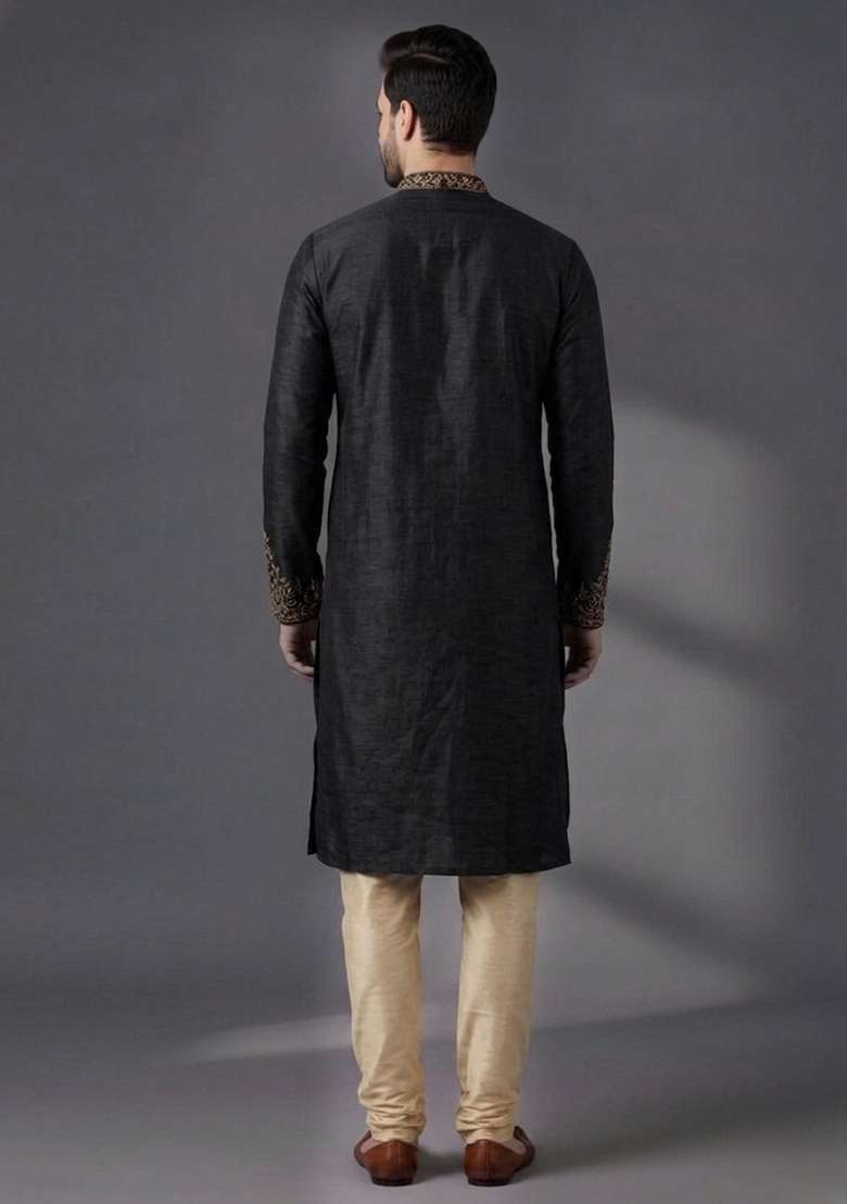 Black Embroidered Dupion Kurta Pyjama Set For Men - Indya