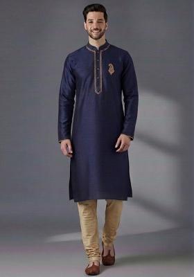 Blue Embroidered Dupion Kurta Pyjama Set For Men