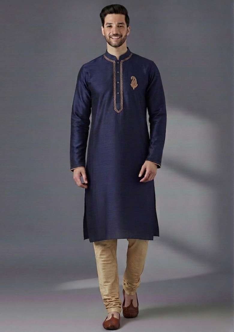 Blue Embroidered Dupion Kurta Pyjama Set For Men - Indya