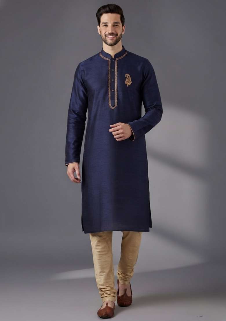 Blue Embroidered Dupion Kurta Pyjama Set For Men - Indya