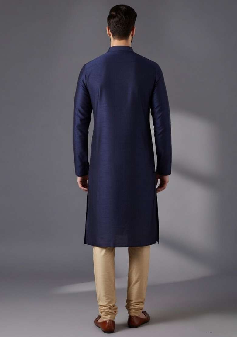 Blue Embroidered Dupion Kurta Pyjama Set For Men - Indya