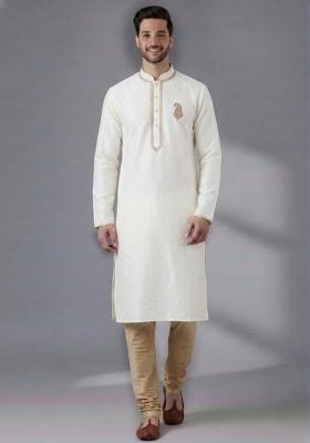 White Embroidered Dupion Kurta Pyjama Set For Men