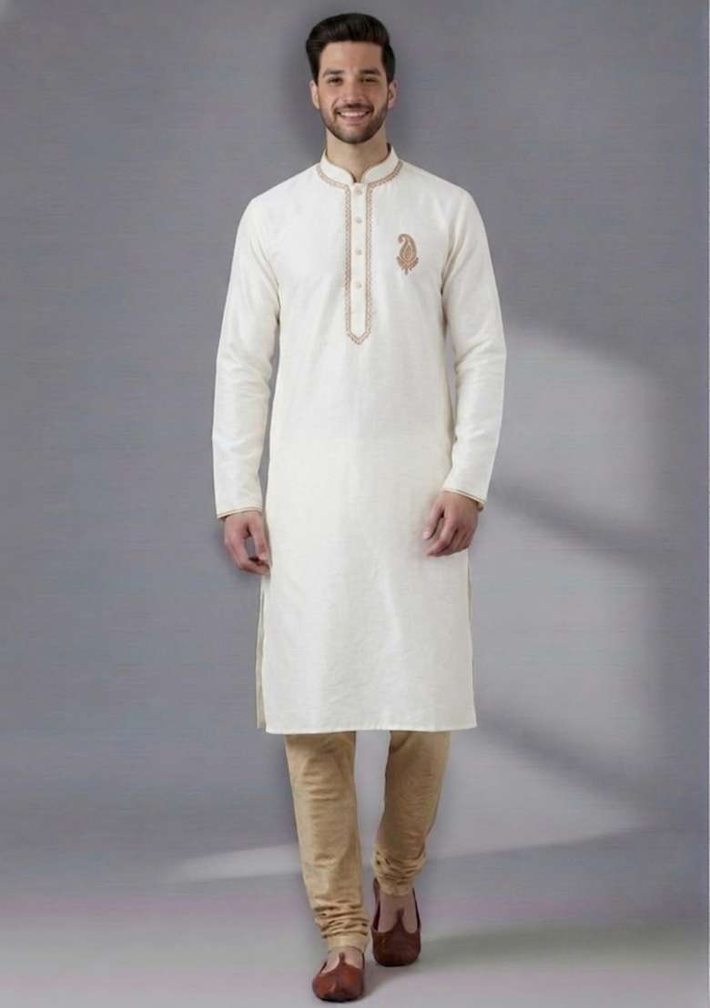 White Embroidered Dupion Kurta Pyjama Set For Men - Indya
