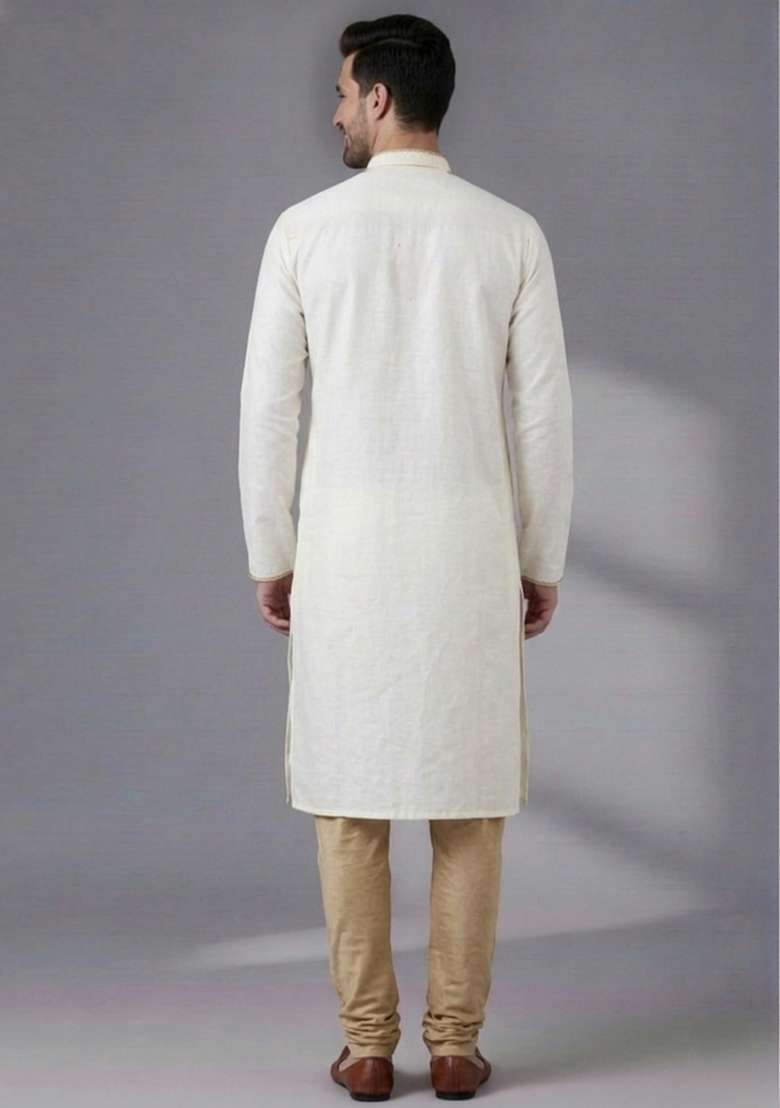 White Embroidered Dupion Kurta Pyjama Set For Men - Indya
