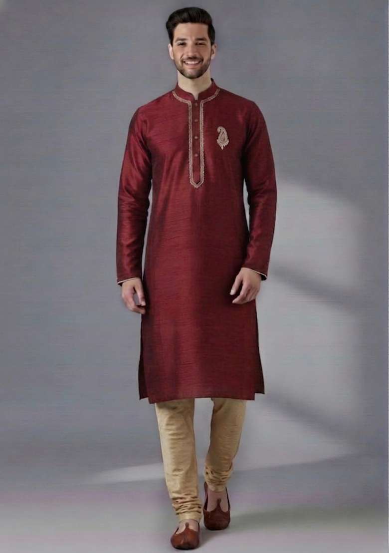 Maroon Embroidered Dupion Kurta Pyjama Set For Men - Indya