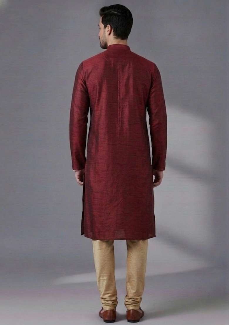 Maroon Embroidered Dupion Kurta Pyjama Set For Men - Indya