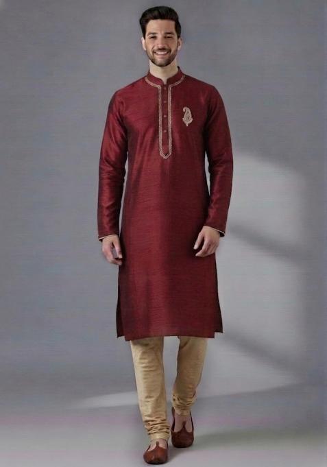 Maroon Embroidered Dupion Kurta Pyjama Set For Men