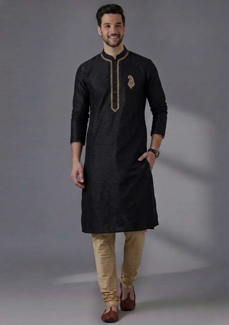 Black Embroidered Dupion Kurta Pyjama Set For Men - Indya