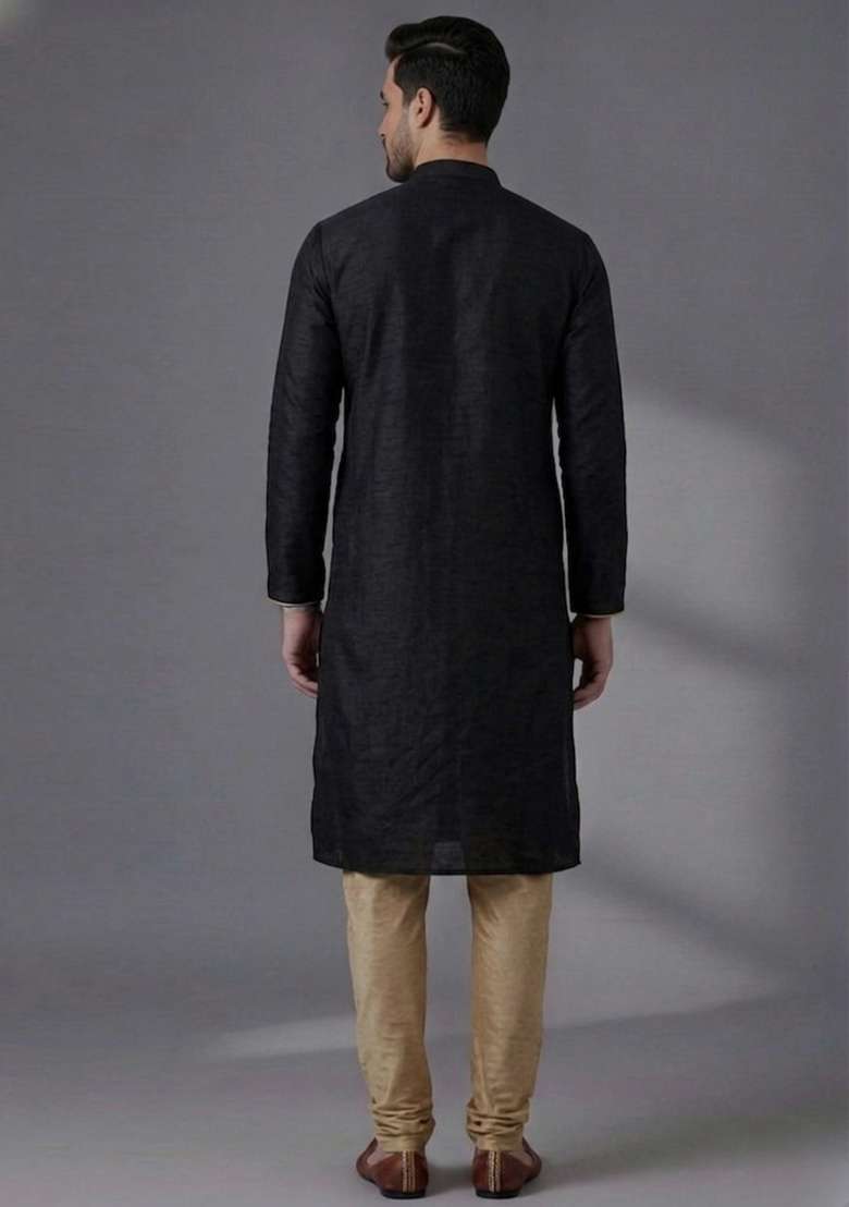 Black Embroidered Dupion Kurta Pyjama Set For Men - Indya