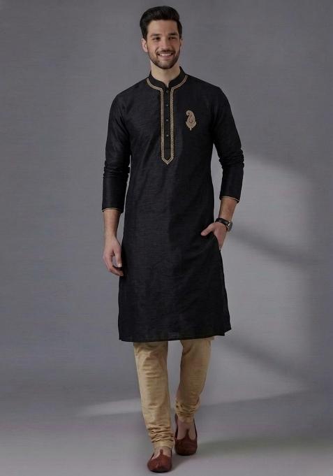 Black Embroidered Dupion Kurta Pyjama Set For Men