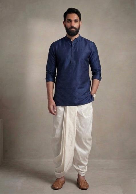 Blue Embroidered Dupion Dhoti Kurta Set For Men
