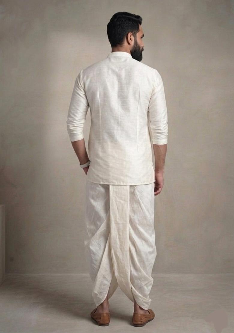 White Embroidered Dupion Dhoti Set For Men - Indya