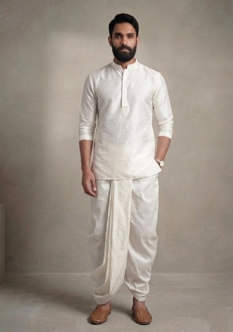 White Embroidered Dupion Dhoti Set For Men