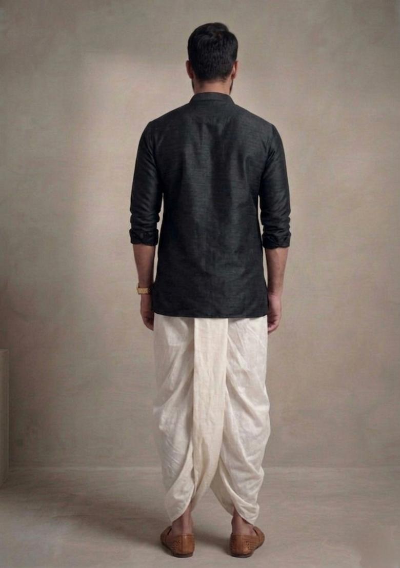 Black Embroidered Dupion Dhoti Set For Men - Indya