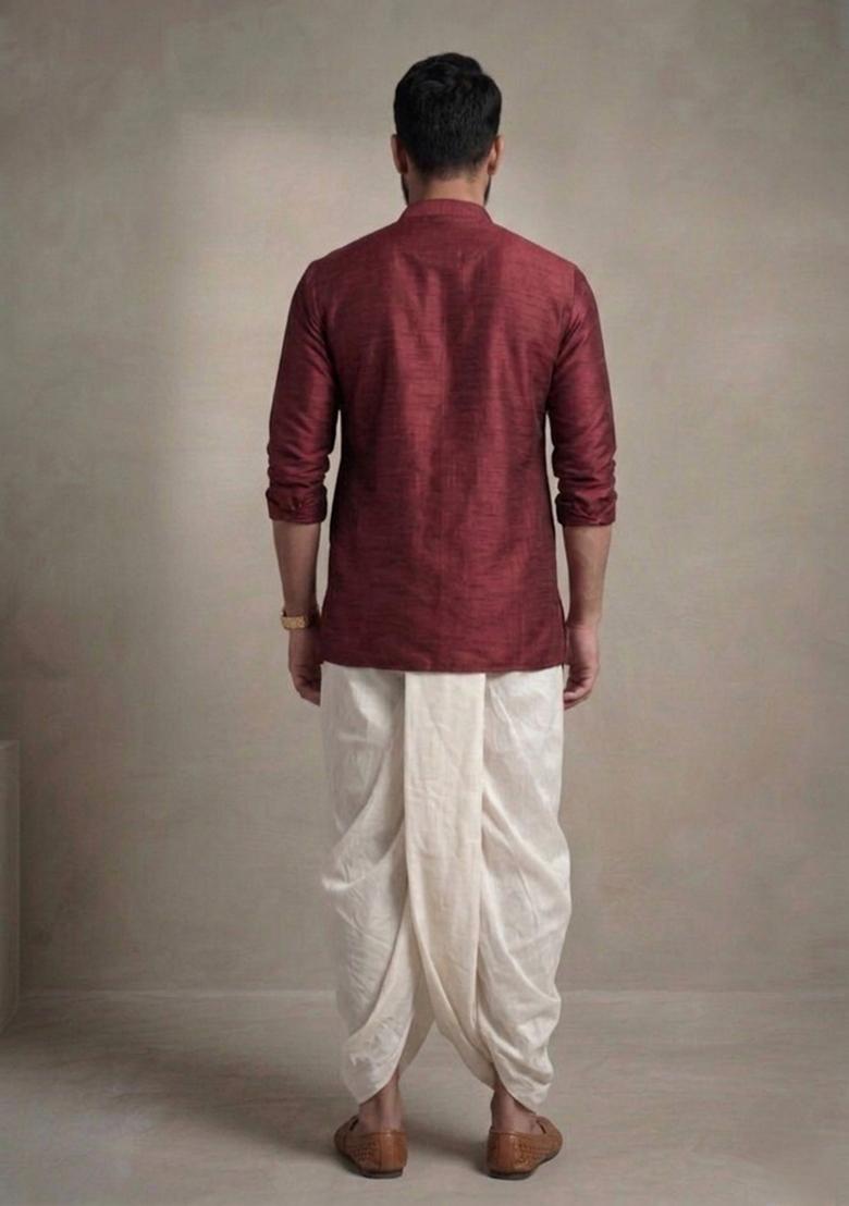 Maroon Embroidered Dupion Dhoti Set For Men - Indya