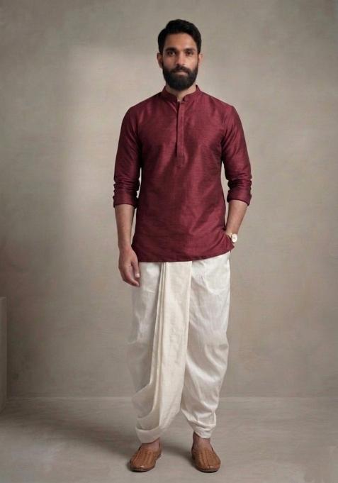 Maroon Embroidered Dupion Dhoti Set For Men