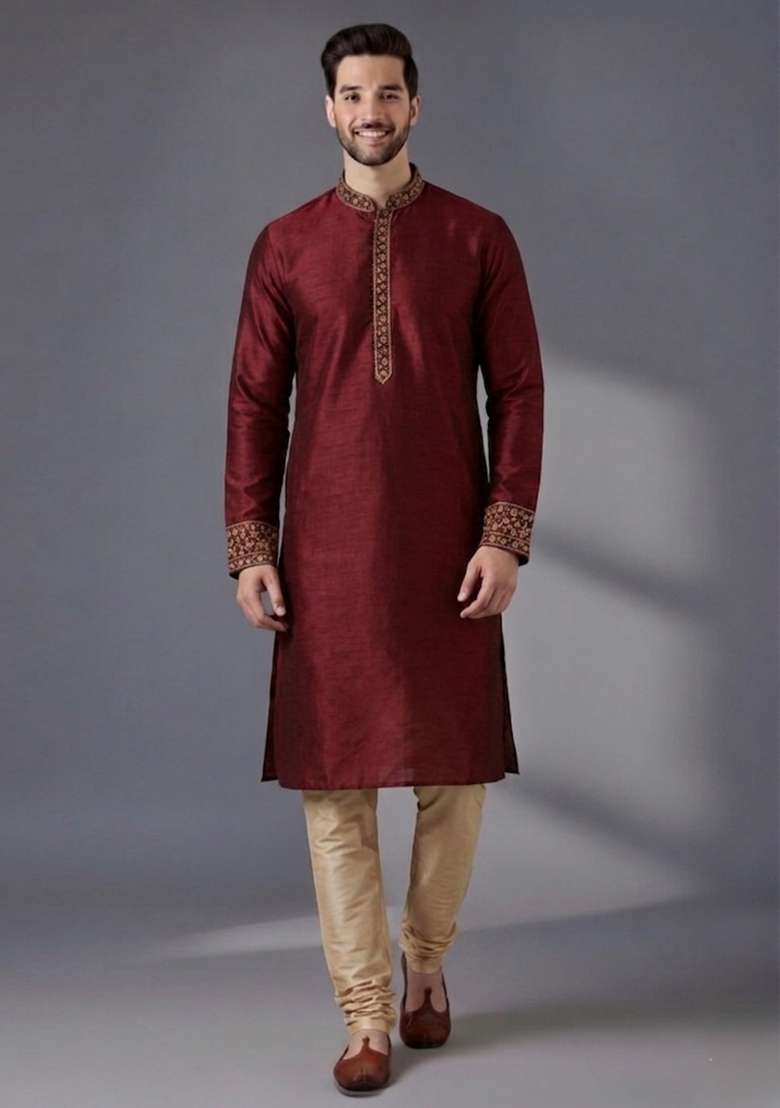 Maroon Embroidered Dupion Pyjama Set For Men - Indya