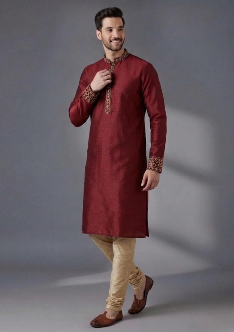 Maroon Embroidered Dupion Pyjama Set For Men - Indya