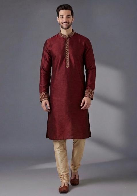 Maroon Embroidered Dupion Pyjama Set For Men