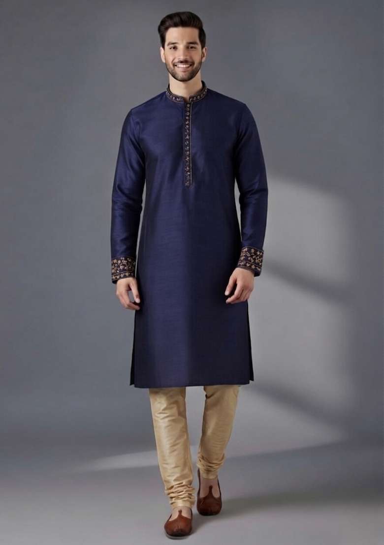 Blue Embroidered Dupion Pyjama Set For Men - Indya