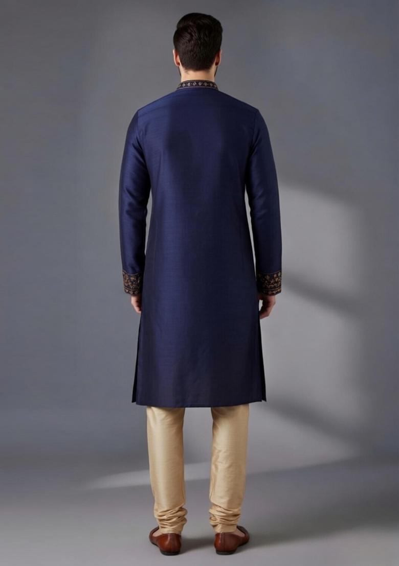 Blue Embroidered Dupion Pyjama Set For Men - Indya