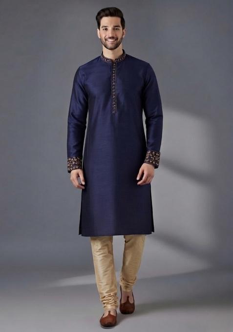 Blue Embroidered Dupion Pyjama Set For Men