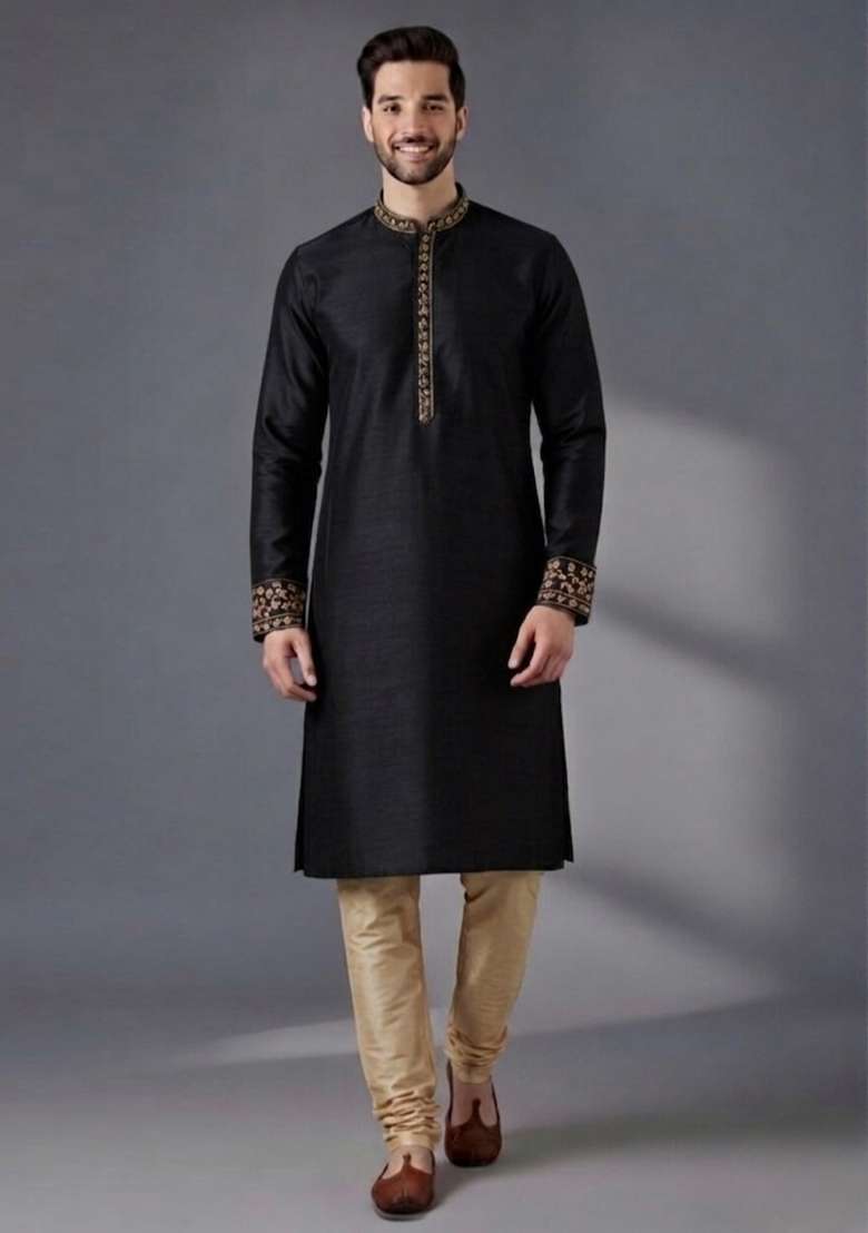 Black Embroidered Dupion Pyjama Set For Men - Indya