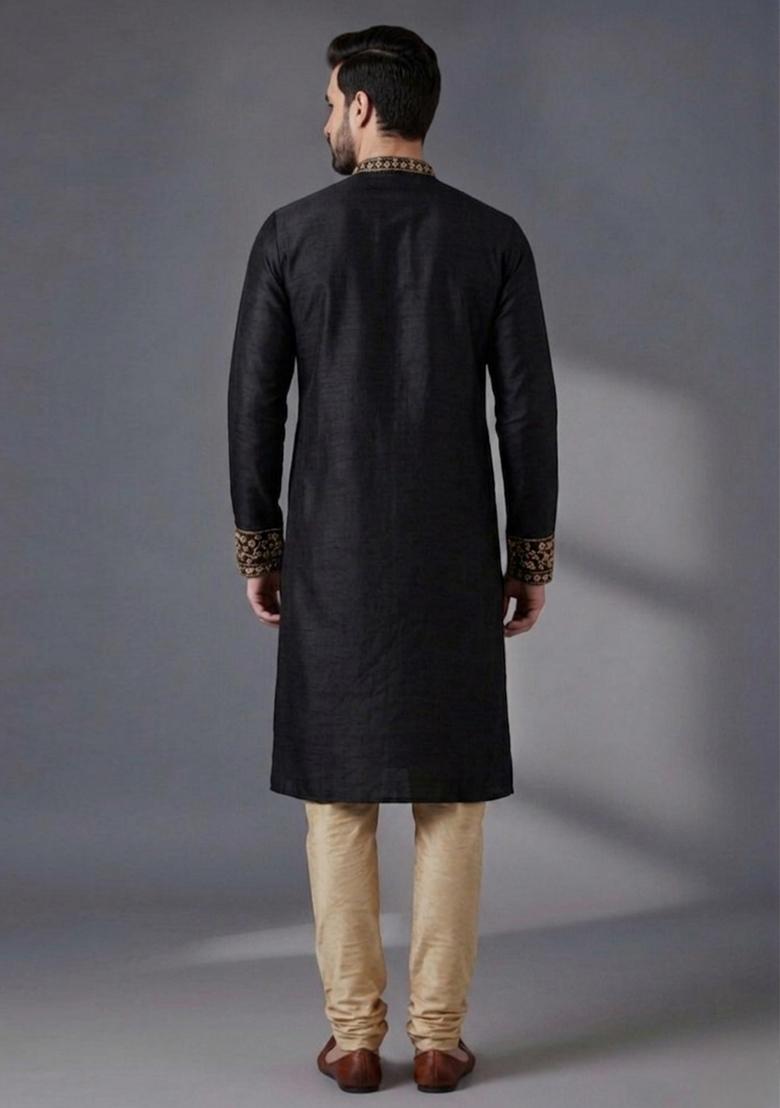 Black Embroidered Dupion Pyjama Set For Men - Indya