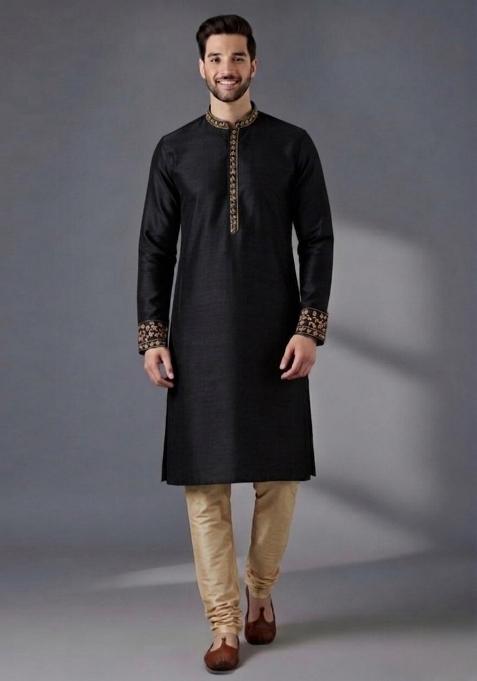 Black Embroidered Dupion Pyjama Set For Men
