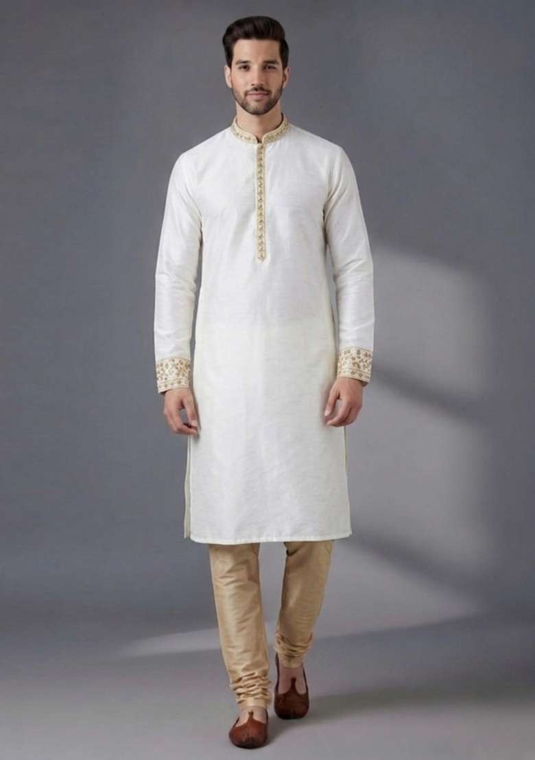 White Embroidered Dupion Pyjama Set For Men - Indya