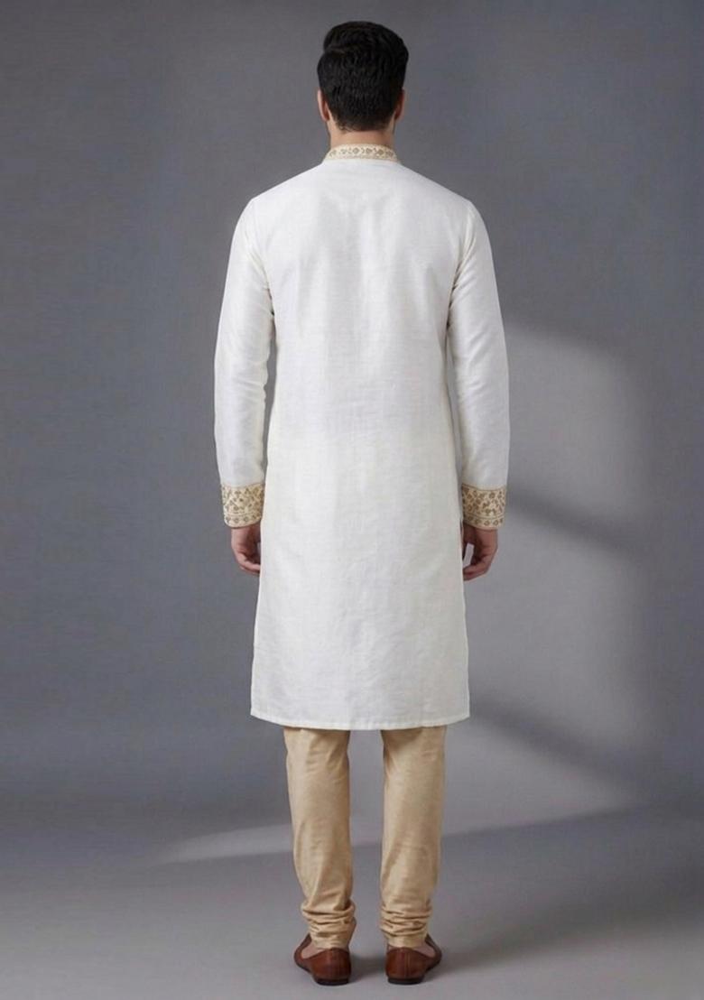 White Embroidered Dupion Pyjama Set For Men - Indya