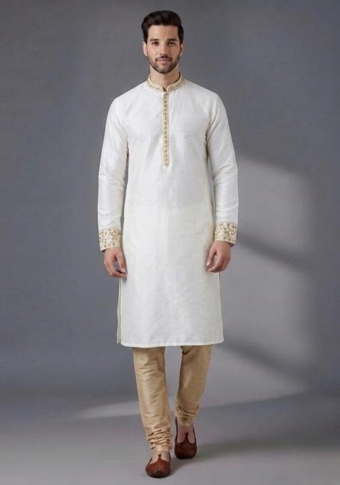 White Embroidered Dupion Pyjama Set For Men