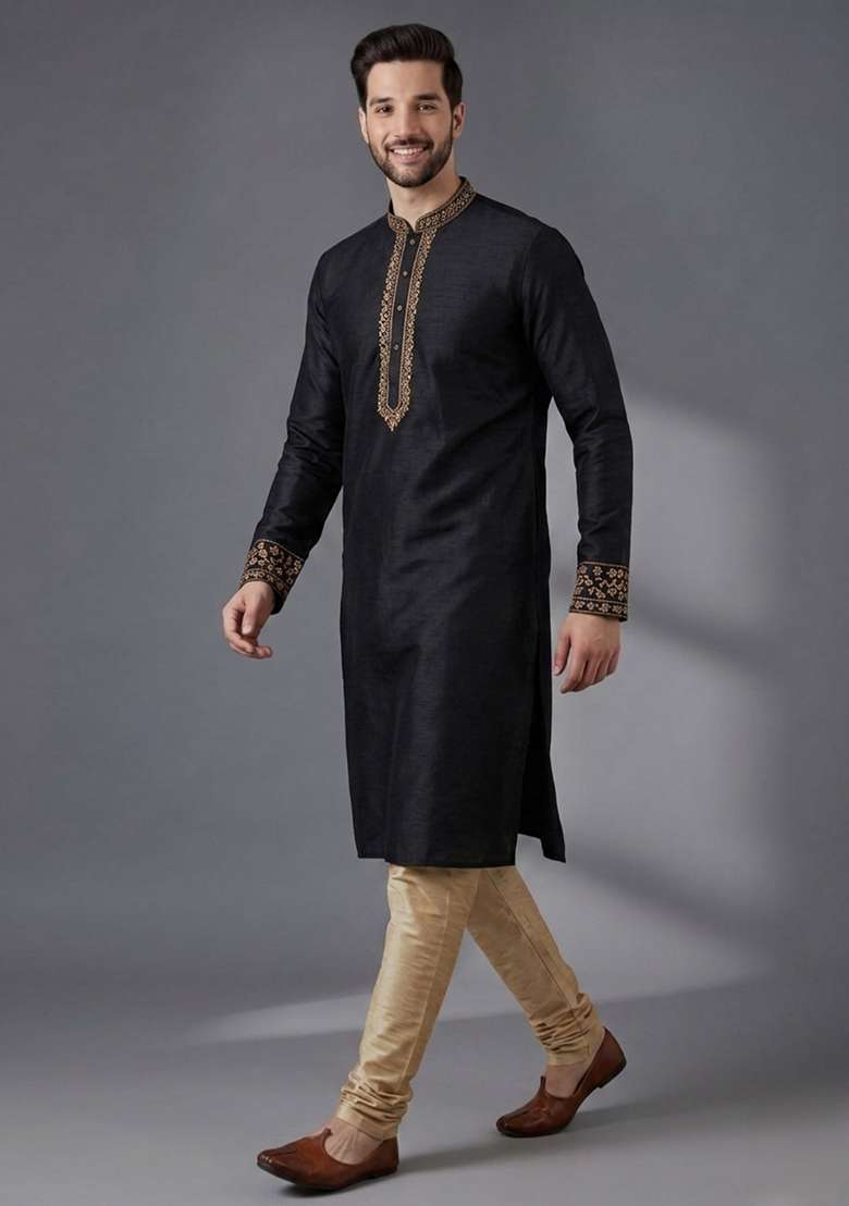 Black Embroidered Dupion Pyjama Set For Men - Indya