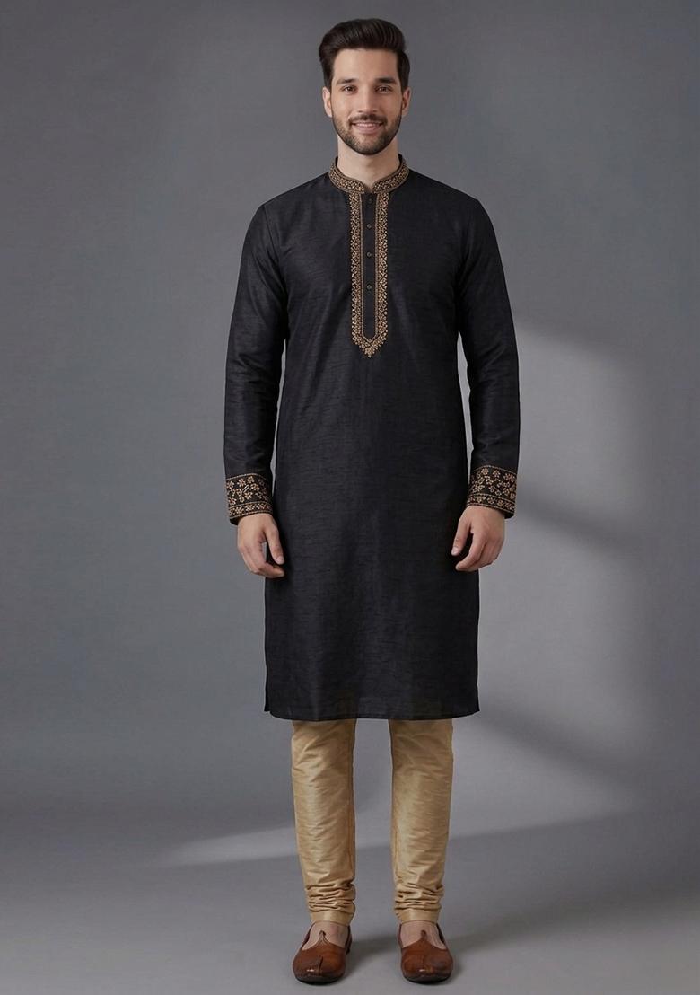 Black Embroidered Dupion Pyjama Set For Men - Indya