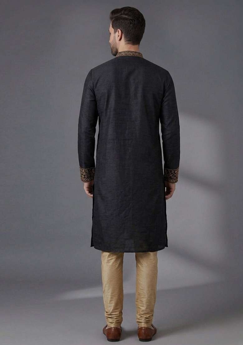 Black Embroidered Dupion Pyjama Set For Men - Indya