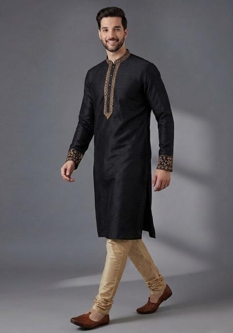 Black Embroidered Dupion Pyjama Set For Men