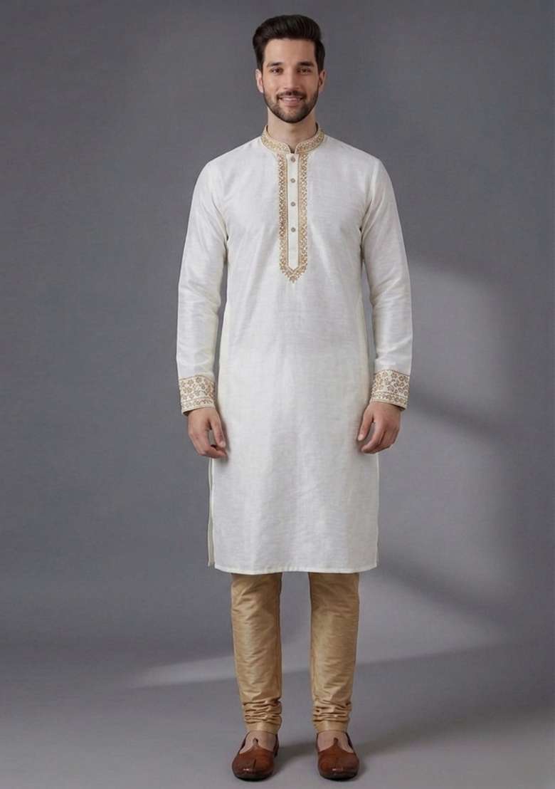 White Embroidered Dupion Pyjama Set For Men - Indya
