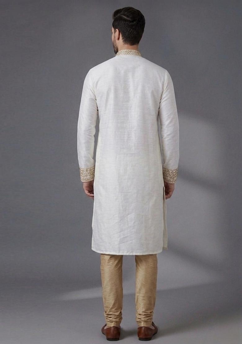 White Embroidered Dupion Pyjama Set For Men - Indya