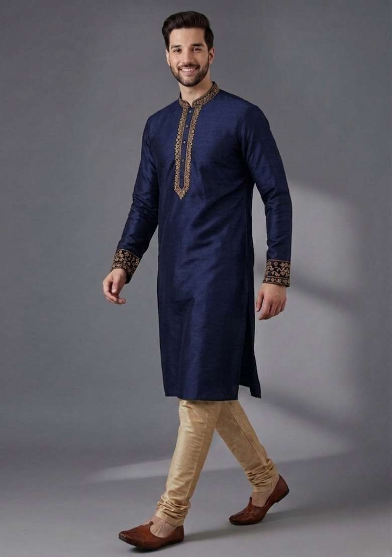 Blue Embroidered Dupion Pyjama Set For Men - Indya