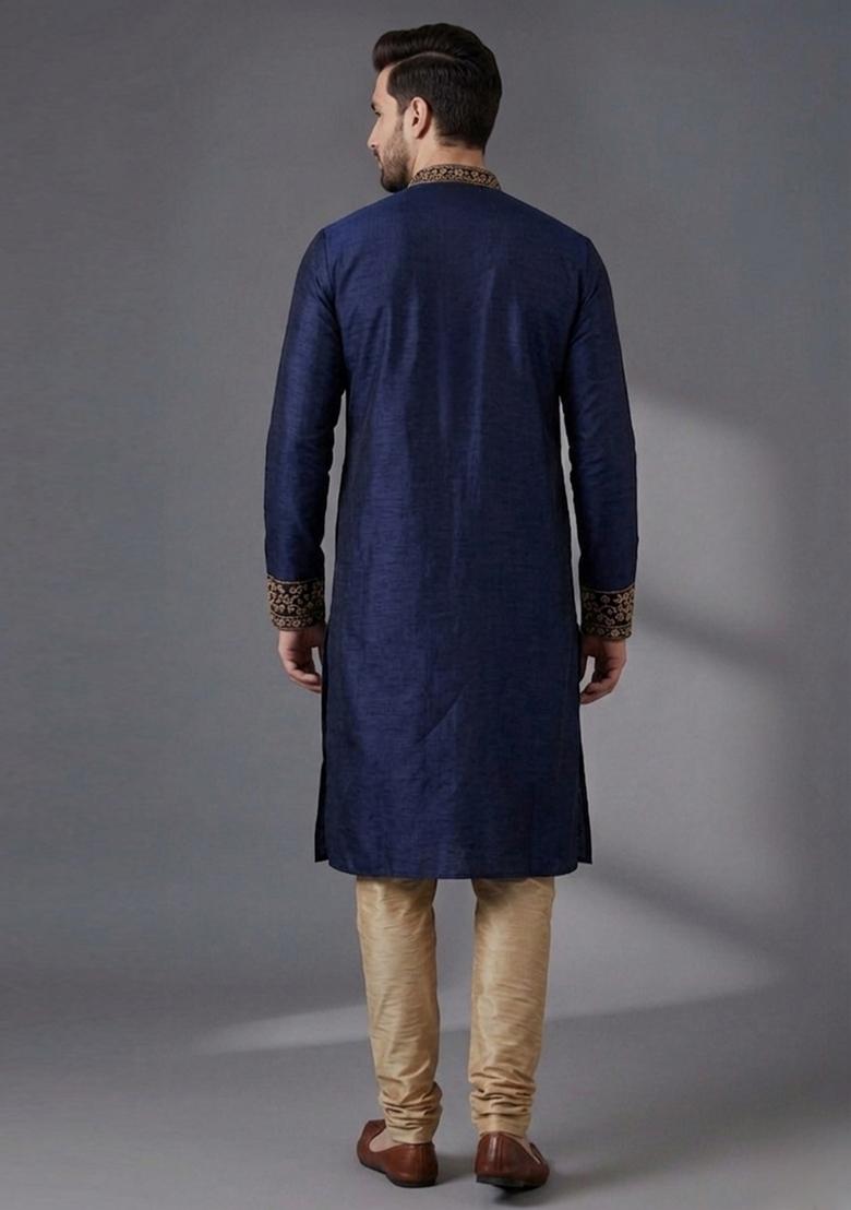 Blue Embroidered Dupion Pyjama Set For Men - Indya