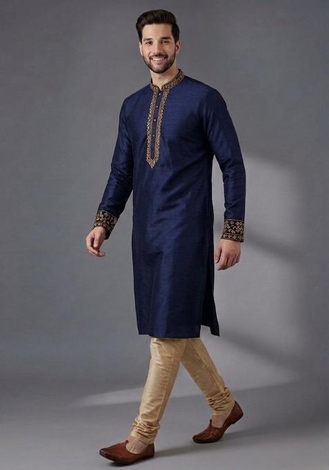 Blue Embroidered Dupion Pyjama Set For Men