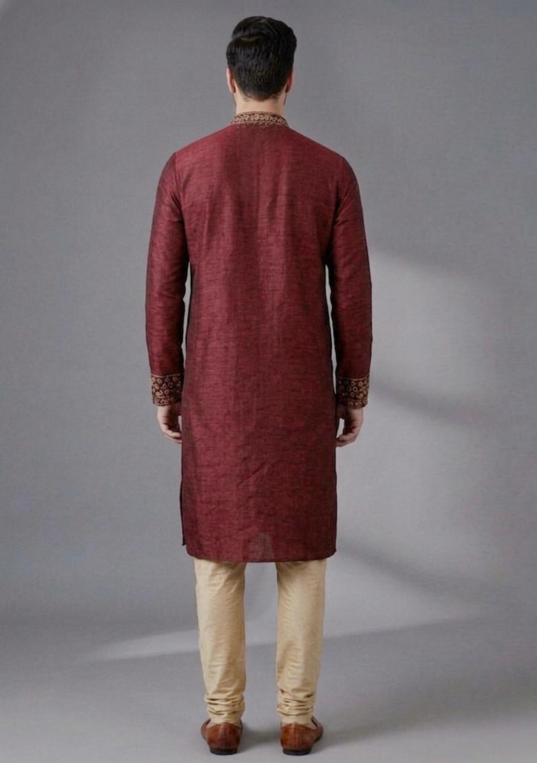 Maroon Embroidered Dupion Pyjama Set For Men - Indya